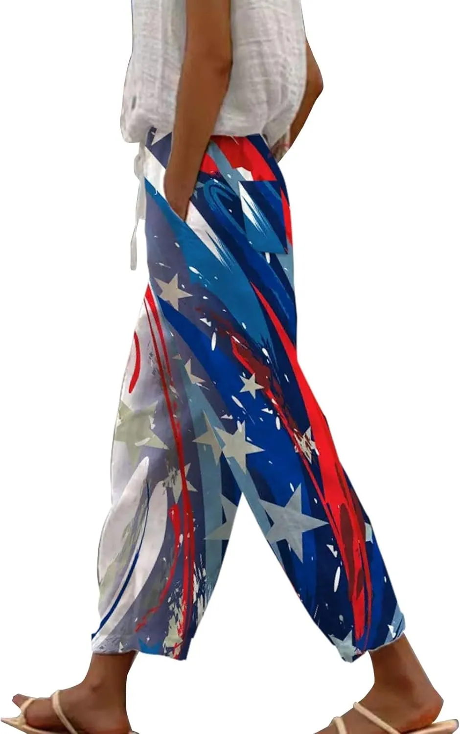 Beach Pants for Women Pants Drawstring Capri Pants with Pockets Wide Leg Cropped Pants for Women Loose Pants for