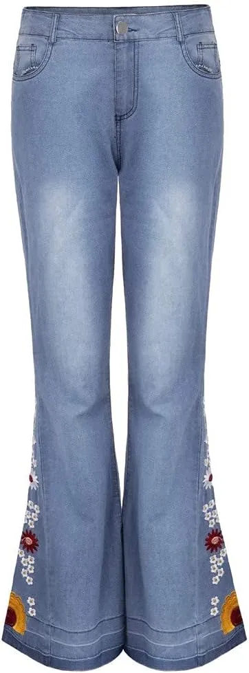 Bell Bottom Jeans for Women Flared Floral Embroidered Jean Mid Rise Vintage Wide Leg Denim Pants