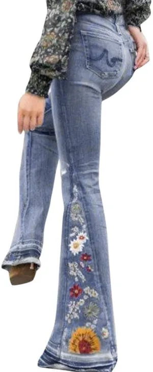Bell Bottom Jeans for Women Flared Floral Embroidered Jean Mid Rise Vintage Wide Leg Denim Pants