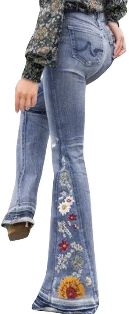 Bell Bottom Jeans for Women Flared Floral Embroidered Jean Mid Rise Vintage Wide Leg Denim Pants
