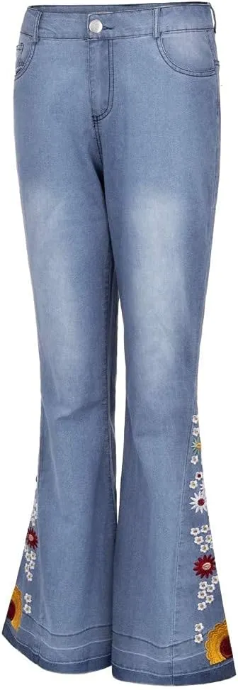 Bell Bottom Jeans for Women Flared Floral Embroidered Jean Mid Rise Vintage Wide Leg Denim Pants