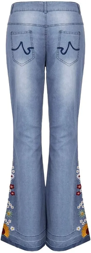 Bell Bottom Jeans for Women Flared Floral Embroidered Jean Mid Rise Vintage Wide Leg Denim Pants