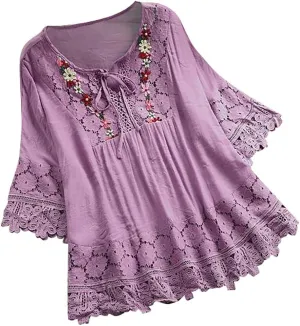 Boho Tops for Women 2025 Summer 3/4 Sleeve Embroidered Linen Shirts Plus Size Trendy Casual Vintage Lace Blouse