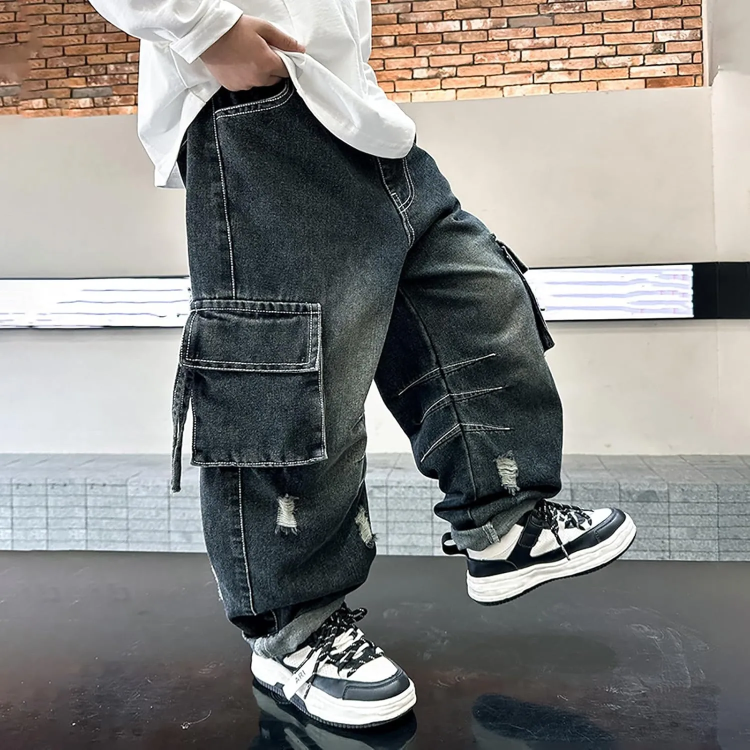Boys Baggy Jeans Elastic High Waist Straight Leg Cargo Denim Pants Floor Length with Pockets Kids Casual Streetwear