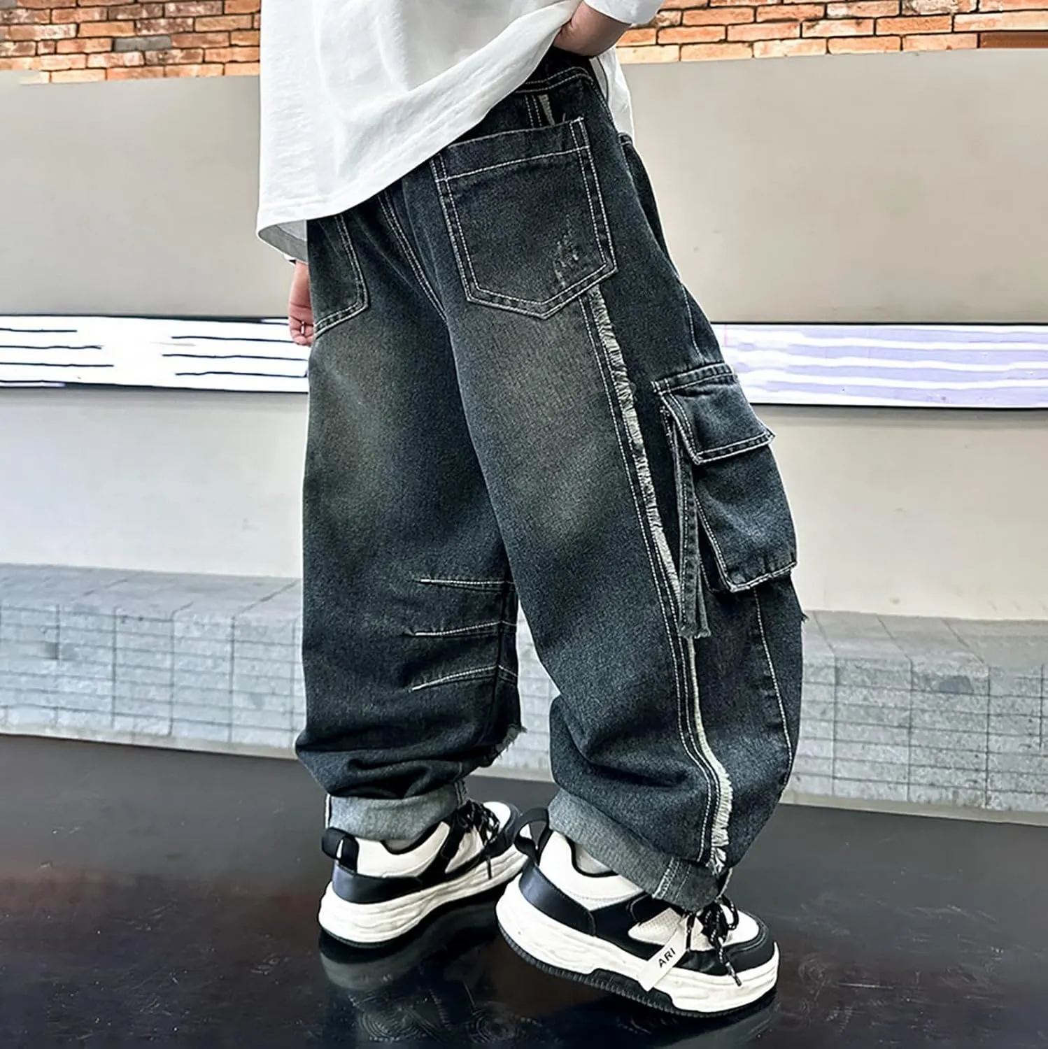 Boys Baggy Jeans Elastic High Waist Straight Leg Cargo Denim Pants Floor Length with Pockets Kids Casual Streetwear