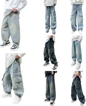Boys Baggy Jeans Elastic High Waist Straight Leg Cargo Denim Pants Floor Length with Pockets Kids Casual Streetwear