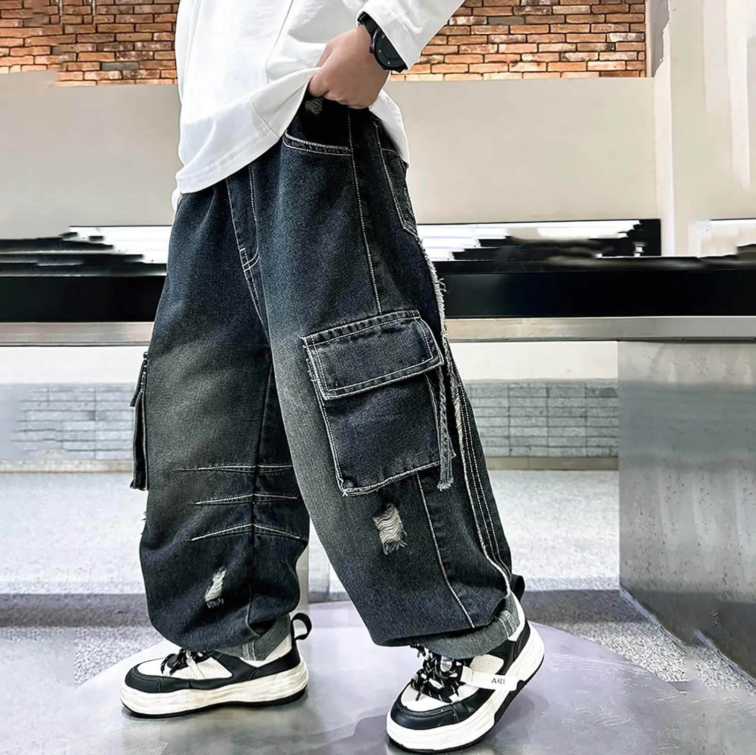 Boys Baggy Jeans Elastic High Waist Straight Leg Cargo Denim Pants Floor Length with Pockets Kids Casual Streetwear