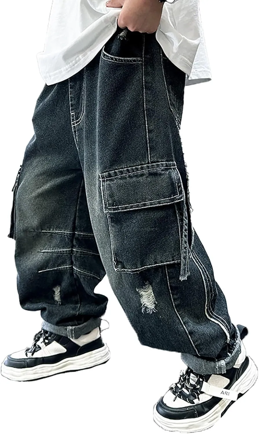 Boys Baggy Jeans Elastic High Waist Straight Leg Cargo Denim Pants Floor Length with Pockets Kids Casual Streetwear