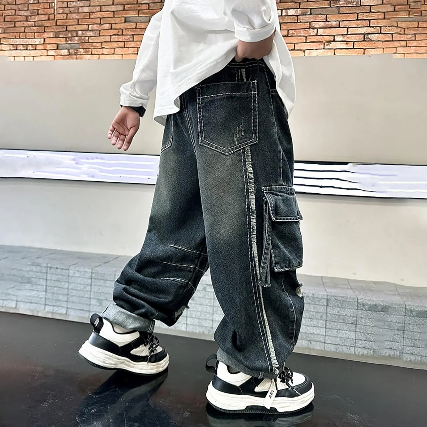 Boys Baggy Jeans Elastic High Waist Straight Leg Cargo Denim Pants Floor Length with Pockets Kids Casual Streetwear