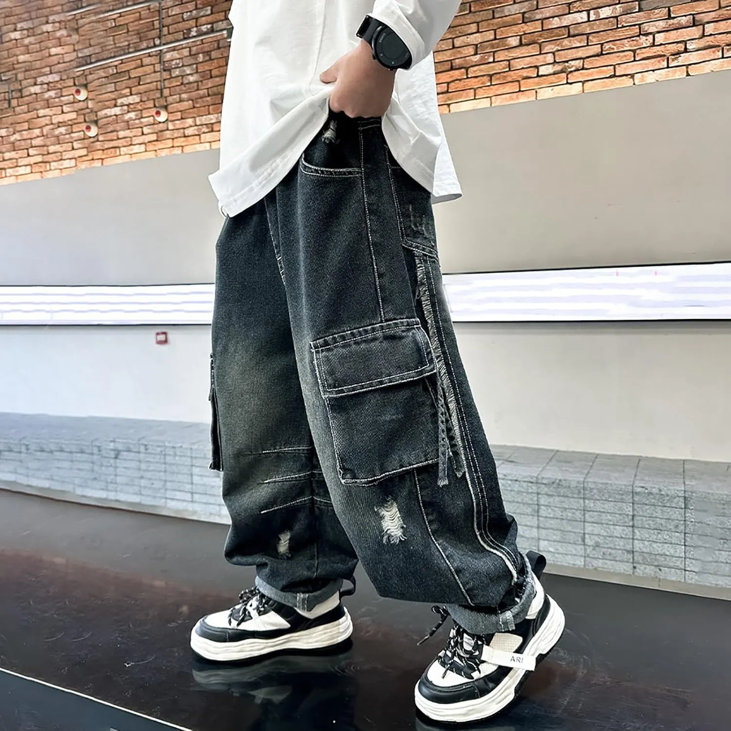 Boys Baggy Jeans Elastic High Waist Straight Leg Cargo Denim Pants Floor Length with Pockets Kids Casual Streetwear