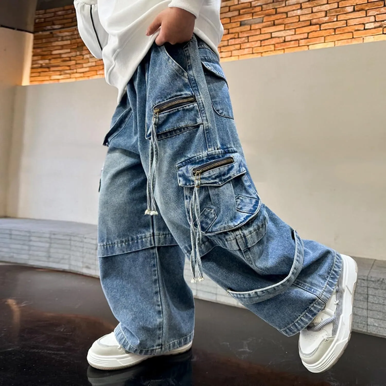Boys Wide Leg Baggy Jeans Casual Fashion Loose Denim Pants Y2k Streetwear Retro Straight Leg Pull On Jean Kids Clothes