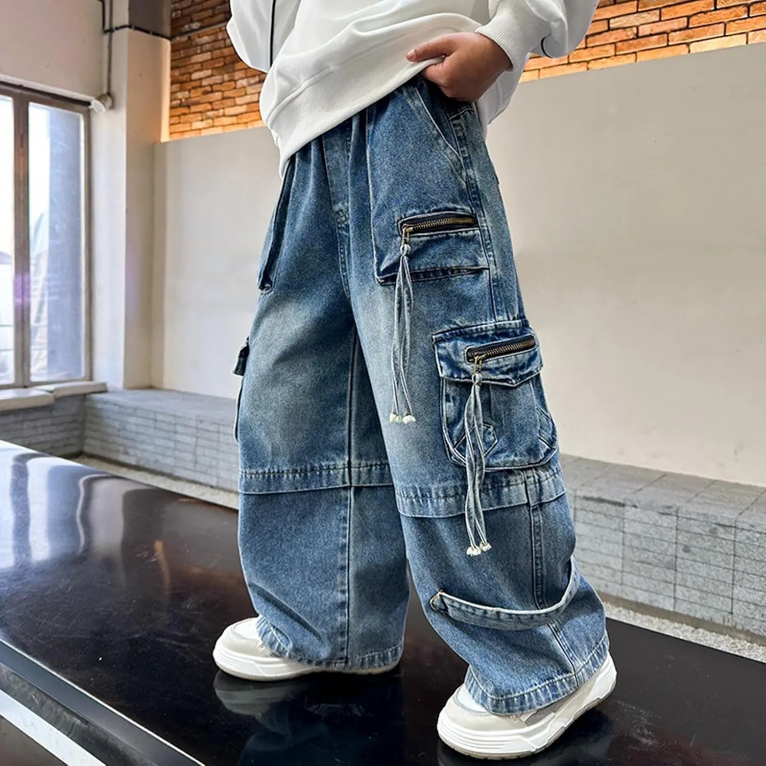Boys Wide Leg Baggy Jeans Casual Fashion Loose Denim Pants Y2k Streetwear Retro Straight Leg Pull On Jean Kids Clothes