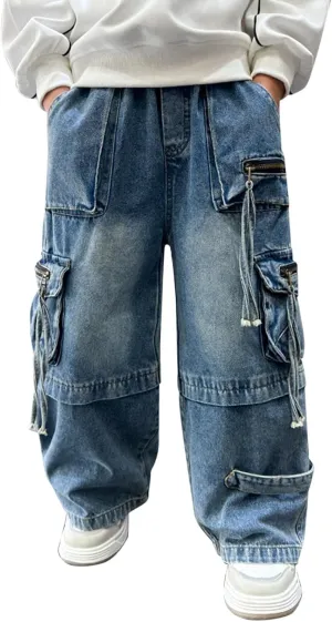 Boys Wide Leg Baggy Jeans Casual Fashion Loose Denim Pants Y2k Streetwear Retro Straight Leg Pull On Jean Kids Clothes