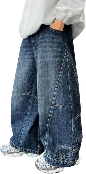 Boys Wide Leg Baggy Jeans Casual Fashion Loose Denim Pants Y2k Streetwear Retro Straight Leg Pull On Jean Kids Clothes