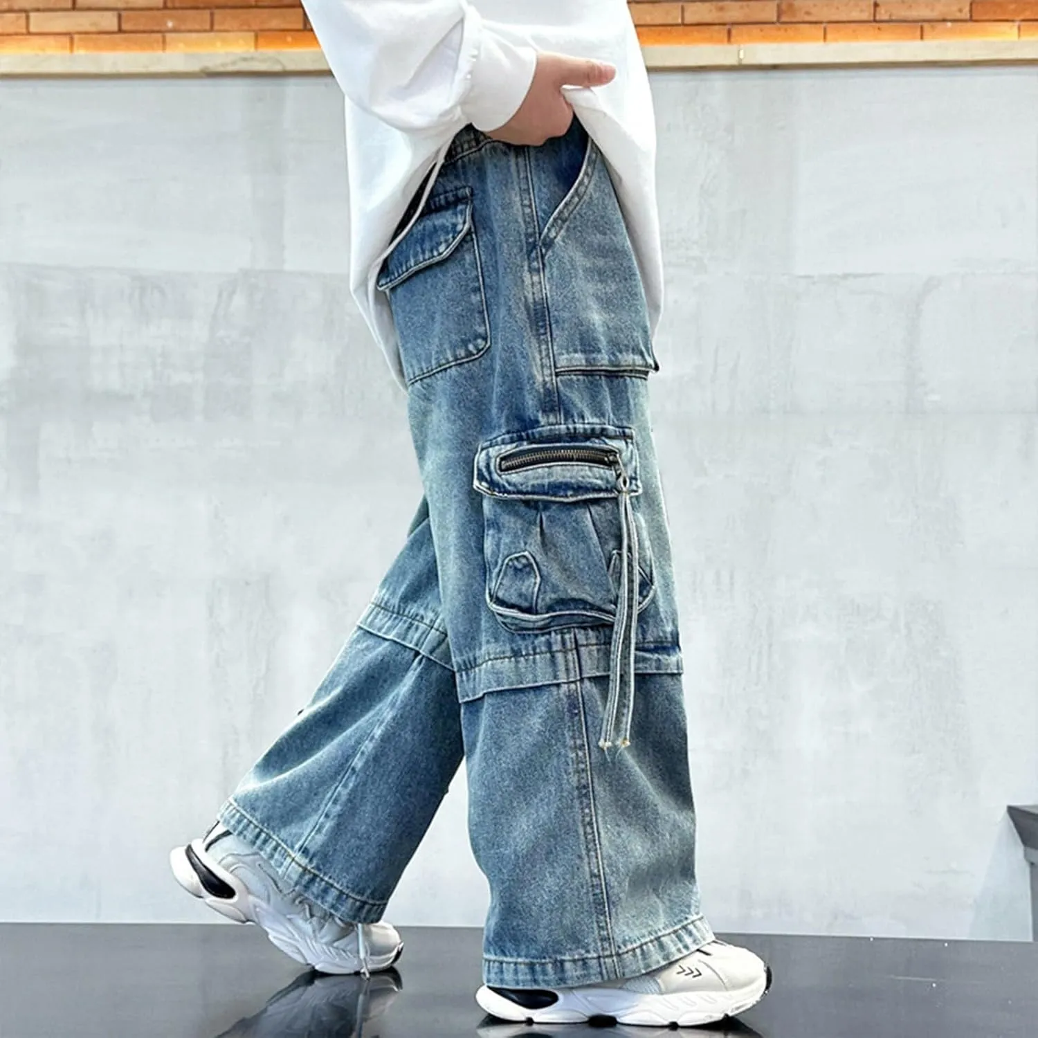 Boys Wide Leg Baggy Jeans Casual Fashion Loose Denim Pants Y2k Streetwear Retro Straight Leg Pull On Jean Kids Clothes