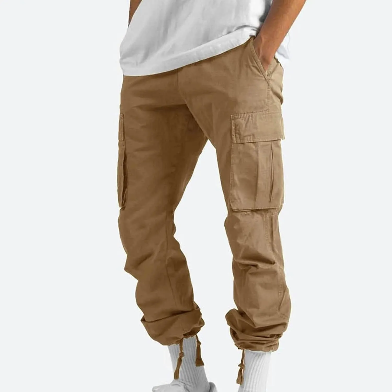 Cargo Pants for Men Baggy Elastic Waist Pants Straight Leg Drawstring Pants Casual Hiking Pants Stretch Jogging Pants