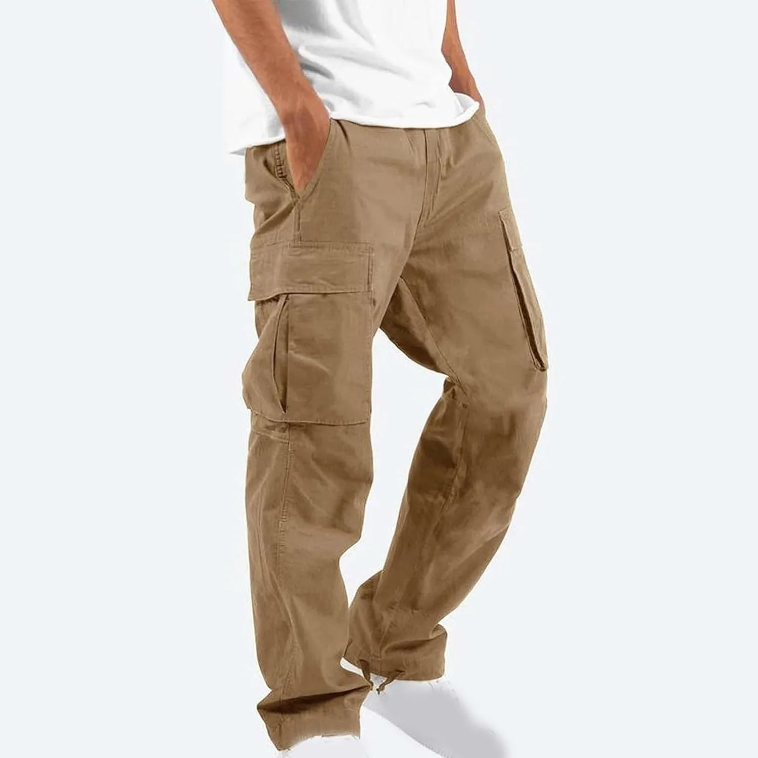Cargo Pants for Men Baggy Elastic Waist Pants Straight Leg Drawstring Pants Casual Hiking Pants Stretch Jogging Pants