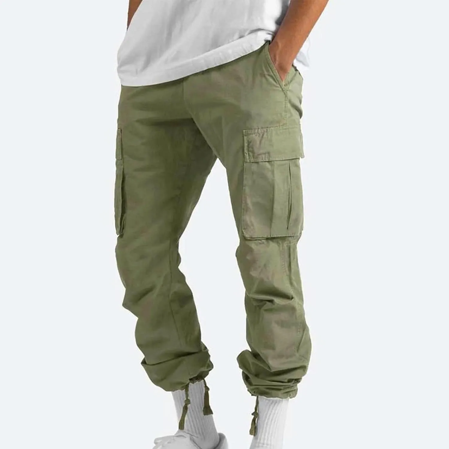 Cargo Pants for Men Baggy Elastic Waist Pants Straight Leg Drawstring Pants Casual Hiking Pants Stretch Jogging Pants