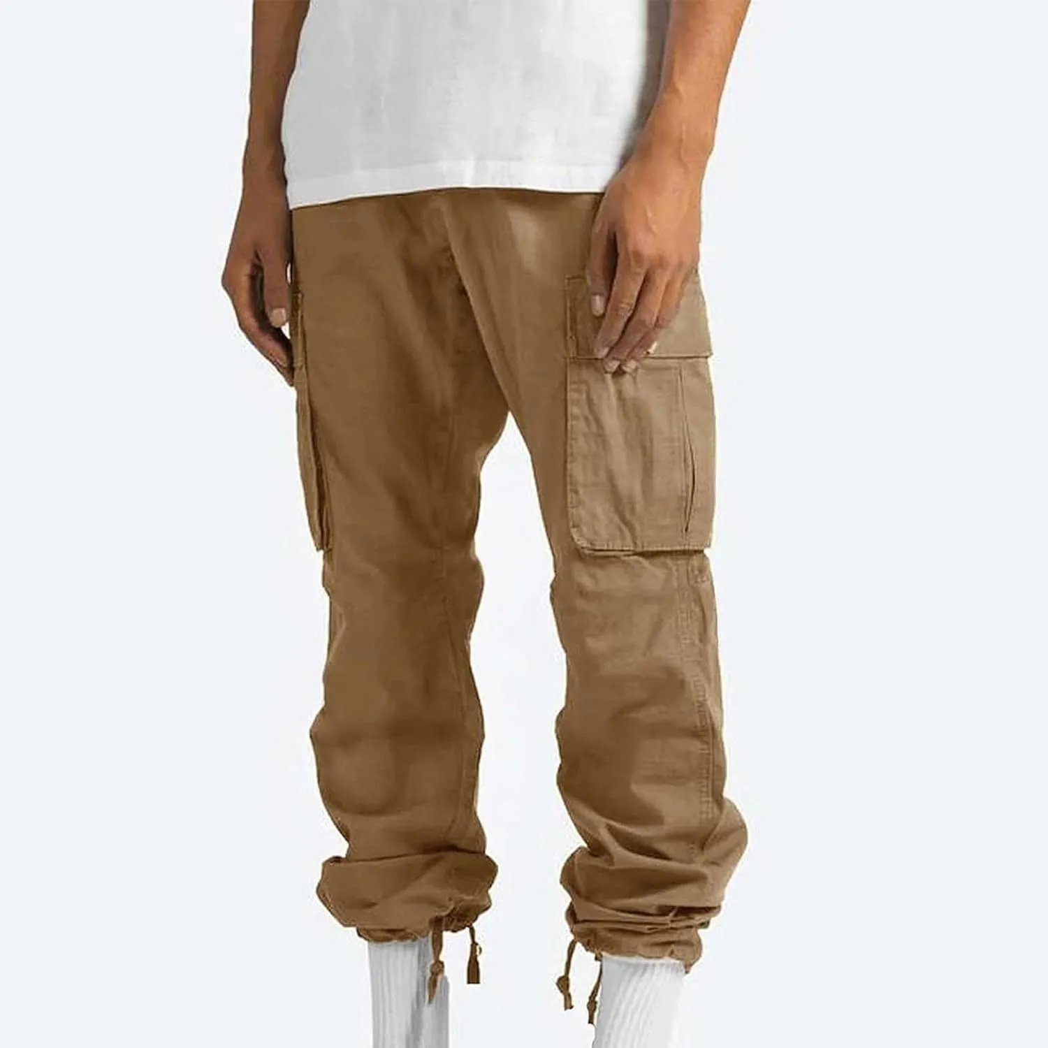 Cargo Pants for Men Baggy Elastic Waist Pants Straight Leg Drawstring Pants Casual Hiking Pants Stretch Jogging Pants