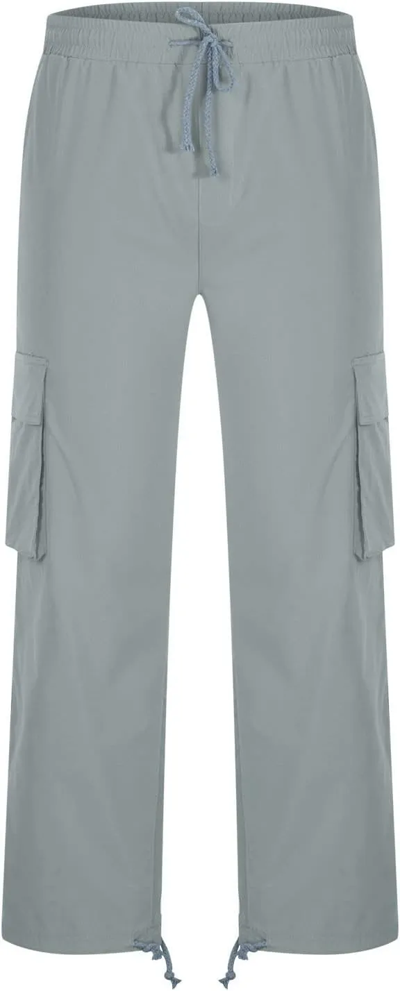 Cargo Pants for Men Baggy Elastic Waist Pants Straight Leg Drawstring Pants Casual Hiking Pants Stretch Jogging Pants