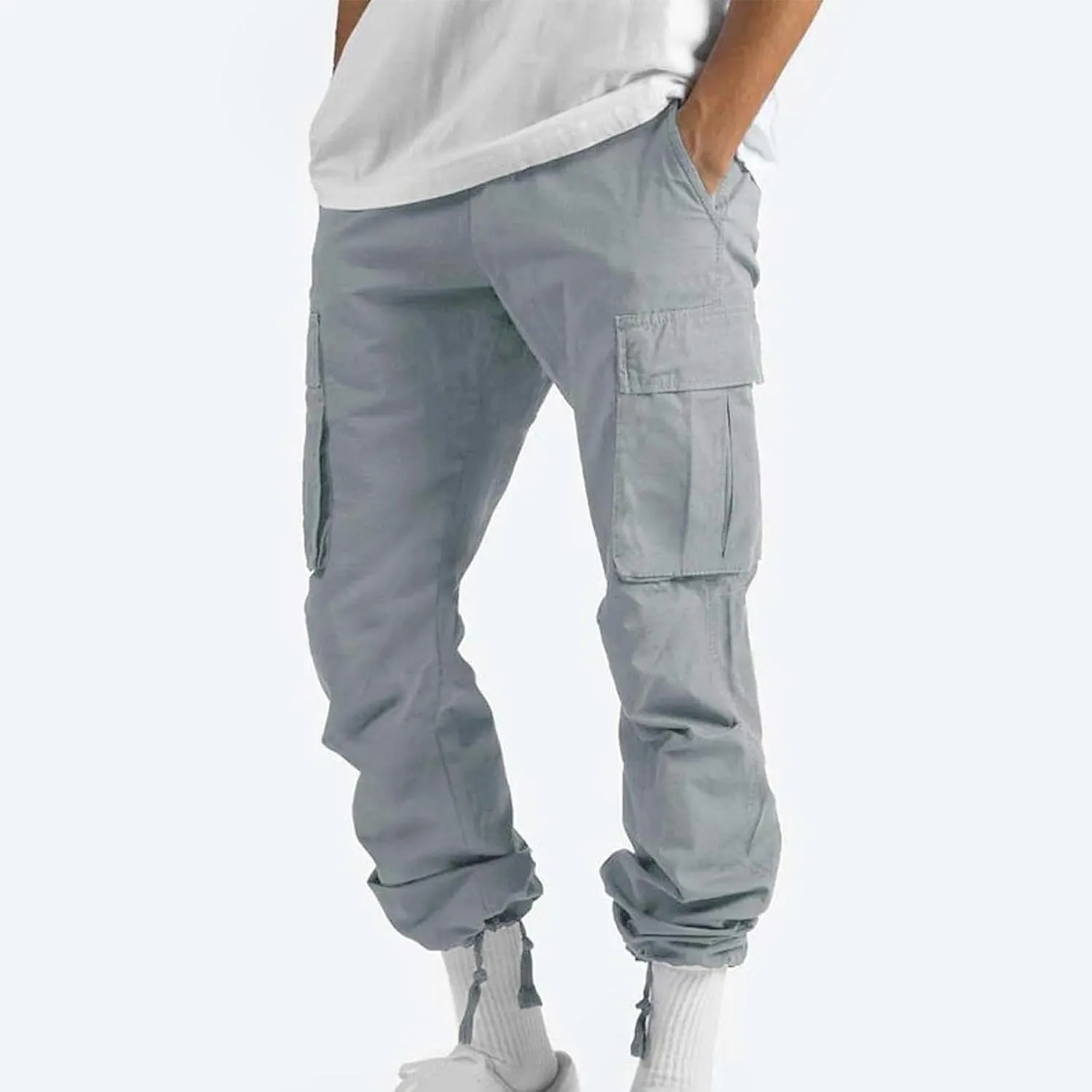 Cargo Pants for Men Baggy Elastic Waist Pants Straight Leg Drawstring Pants Casual Hiking Pants Stretch Jogging Pants