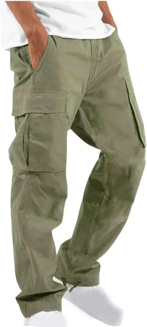 Cargo Pants for Men Baggy Elastic Waist Pants Straight Leg Drawstring Pants Casual Hiking Pants Stretch Jogging Pants