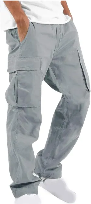 Cargo Pants for Men Baggy Elastic Waist Pants Straight Leg Drawstring Pants Casual Hiking Pants Stretch Jogging Pants