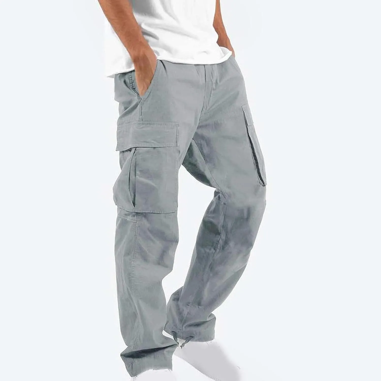Cargo Pants for Men Baggy Elastic Waist Pants Straight Leg Drawstring Pants Casual Hiking Pants Stretch Jogging Pants