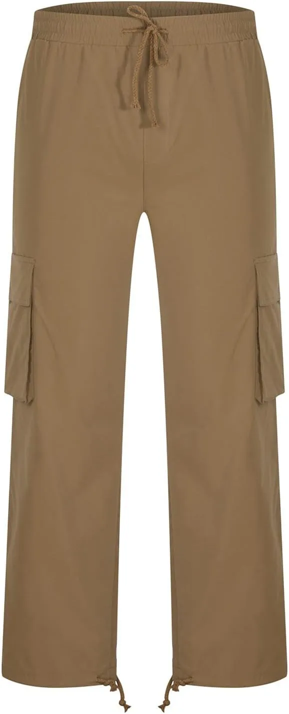 Cargo Pants for Men Baggy Elastic Waist Pants Straight Leg Drawstring Pants Casual Hiking Pants Stretch Jogging Pants