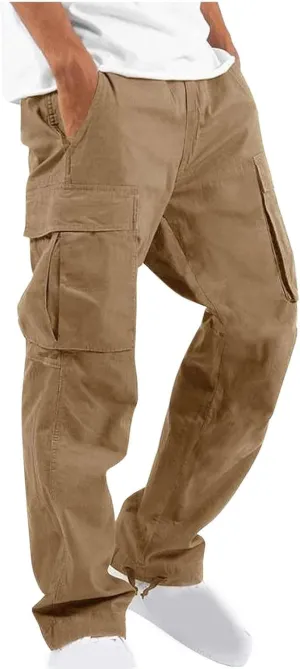 Cargo Pants for Men Baggy Elastic Waist Pants Straight Leg Drawstring Pants Casual Hiking Pants Stretch Jogging Pants