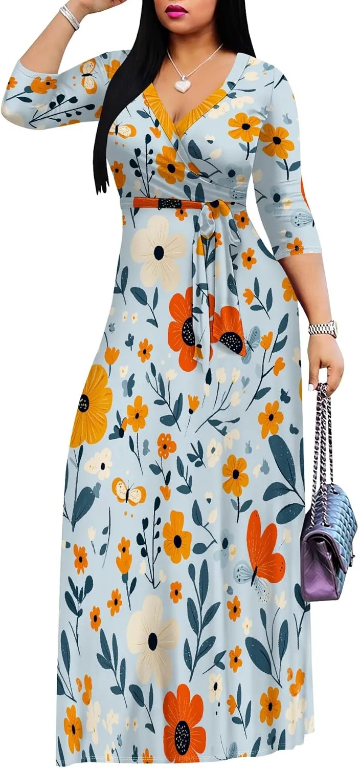 Casual V Neck Maxi Dresses for Women 2025 - Floral Print Summer 3/4 Sleeve Wrap Sundress with Belt