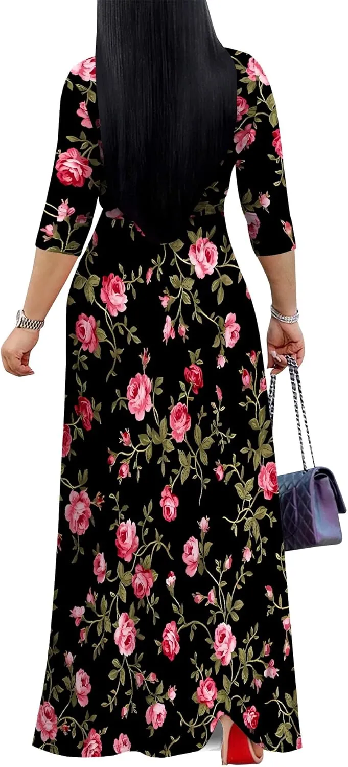 Casual V Neck Maxi Dresses for Women 2025 - Floral Print Summer 3/4 Sleeve Wrap Sundress with Belt