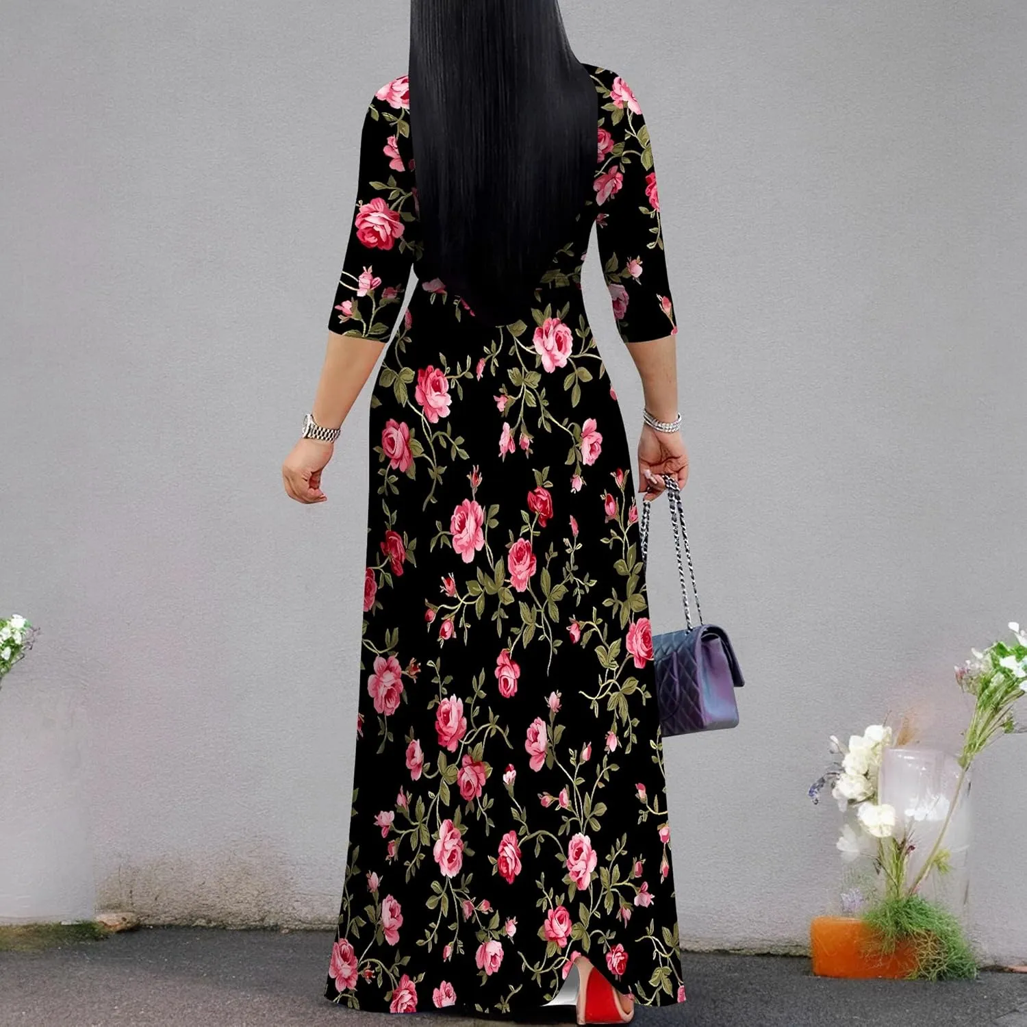 Casual V Neck Maxi Dresses for Women 2025 - Floral Print Summer 3/4 Sleeve Wrap Sundress with Belt