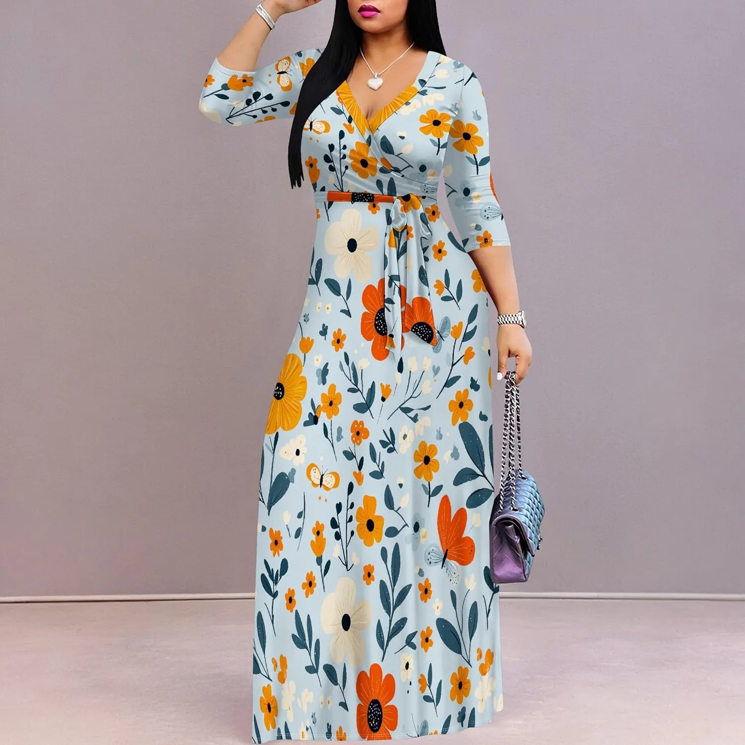 Casual V Neck Maxi Dresses for Women 2025 - Floral Print Summer 3/4 Sleeve Wrap Sundress with Belt