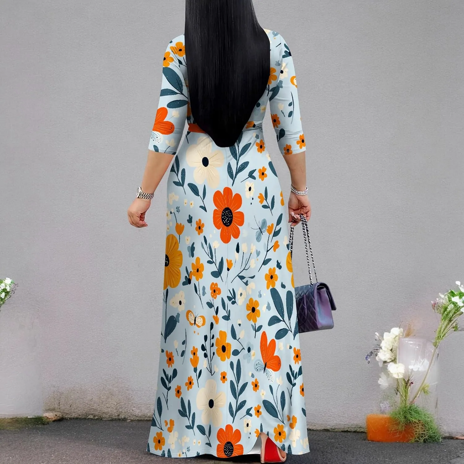 Casual V Neck Maxi Dresses for Women 2025 - Floral Print Summer 3/4 Sleeve Wrap Sundress with Belt