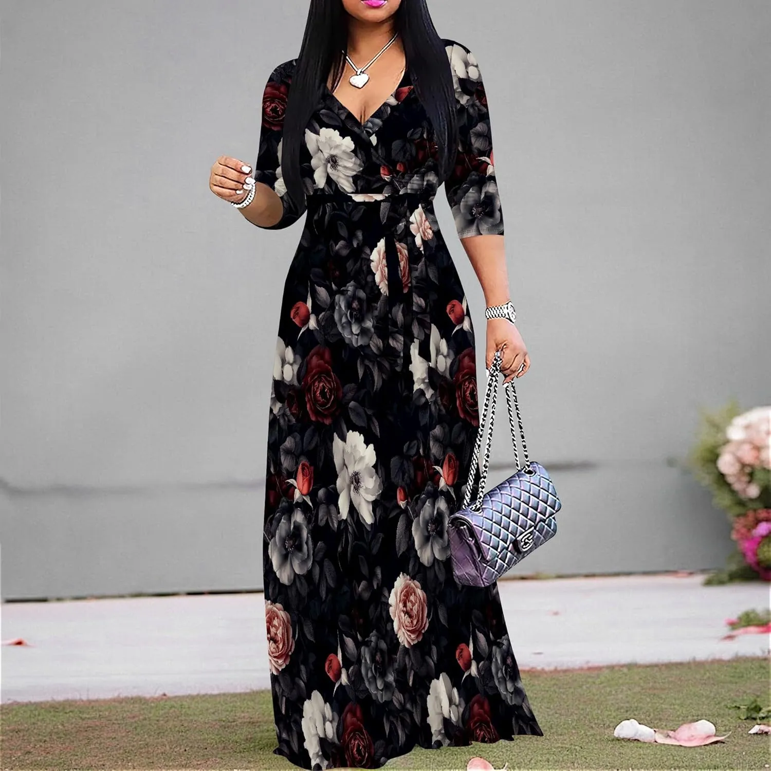 Casual V Neck Maxi Dresses for Women 2025 - Floral Print Summer 3/4 Sleeve Wrap Sundress with Belt
