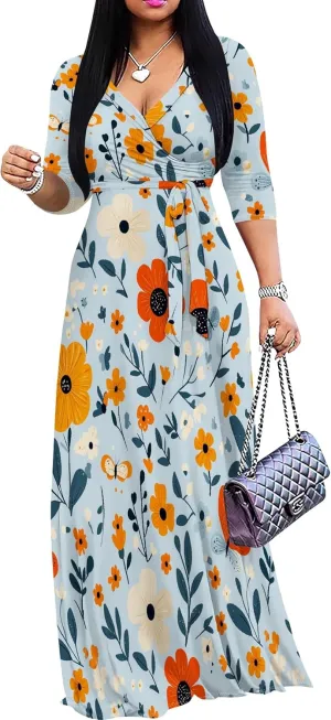 Casual V Neck Maxi Dresses for Women 2025 - Floral Print Summer 3/4 Sleeve Wrap Sundress with Belt