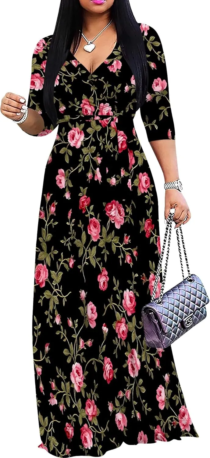Casual V Neck Maxi Dresses for Women 2025 - Floral Print Summer 3/4 Sleeve Wrap Sundress with Belt