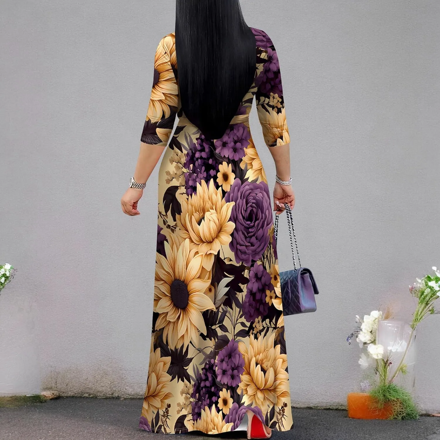 Casual V Neck Maxi Dresses for Women 2025 - Floral Print Summer 3/4 Sleeve Wrap Sundress with Belt