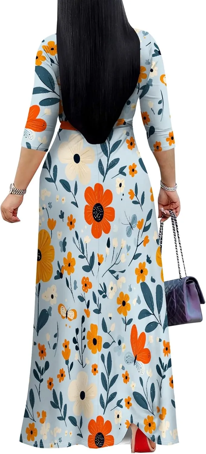 Casual V Neck Maxi Dresses for Women 2025 - Floral Print Summer 3/4 Sleeve Wrap Sundress with Belt