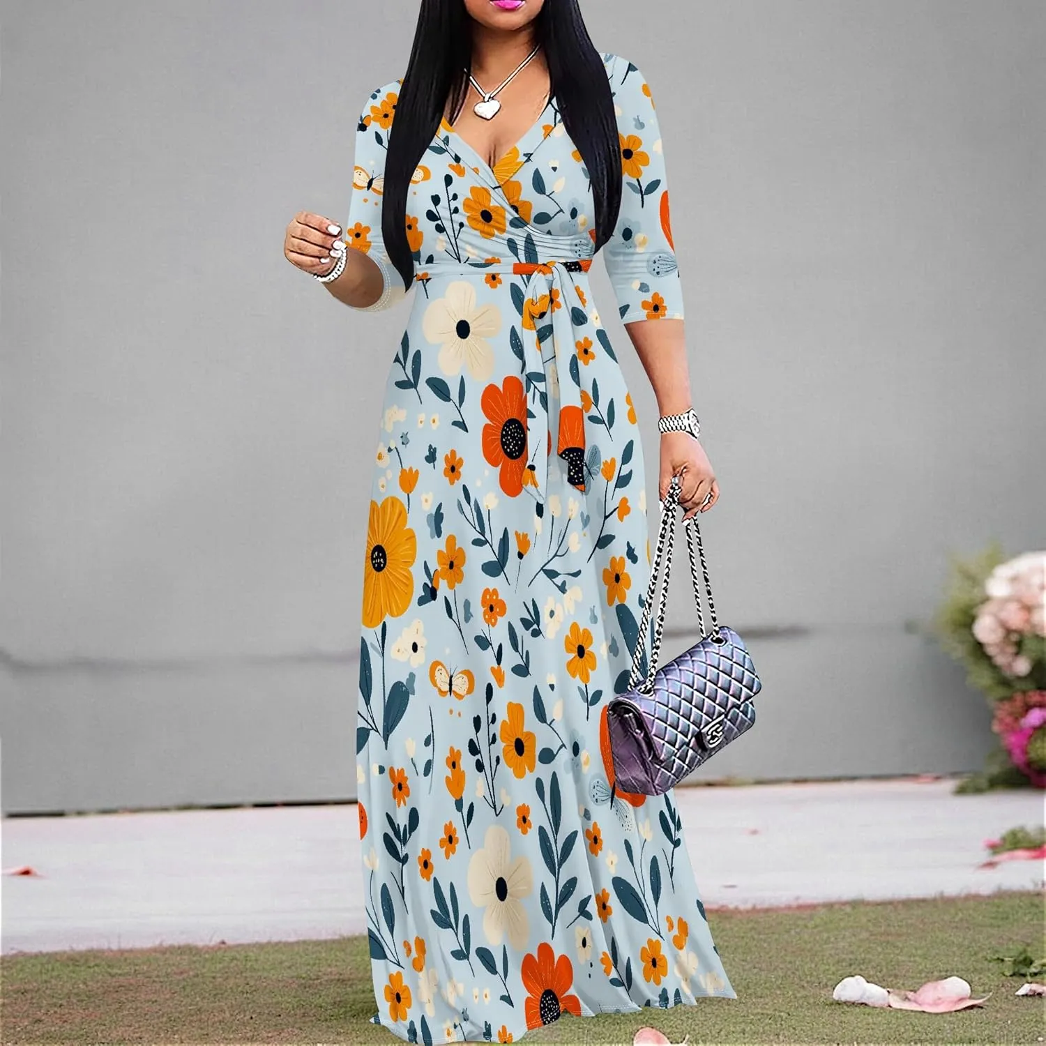 Casual V Neck Maxi Dresses for Women 2025 - Floral Print Summer 3/4 Sleeve Wrap Sundress with Belt