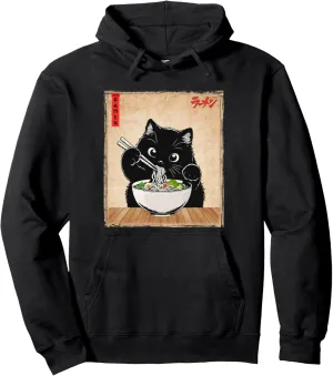 Cat Ramen Japanese Funny Graphic Tees Kawaii Cat Anime Pullover Hoodie