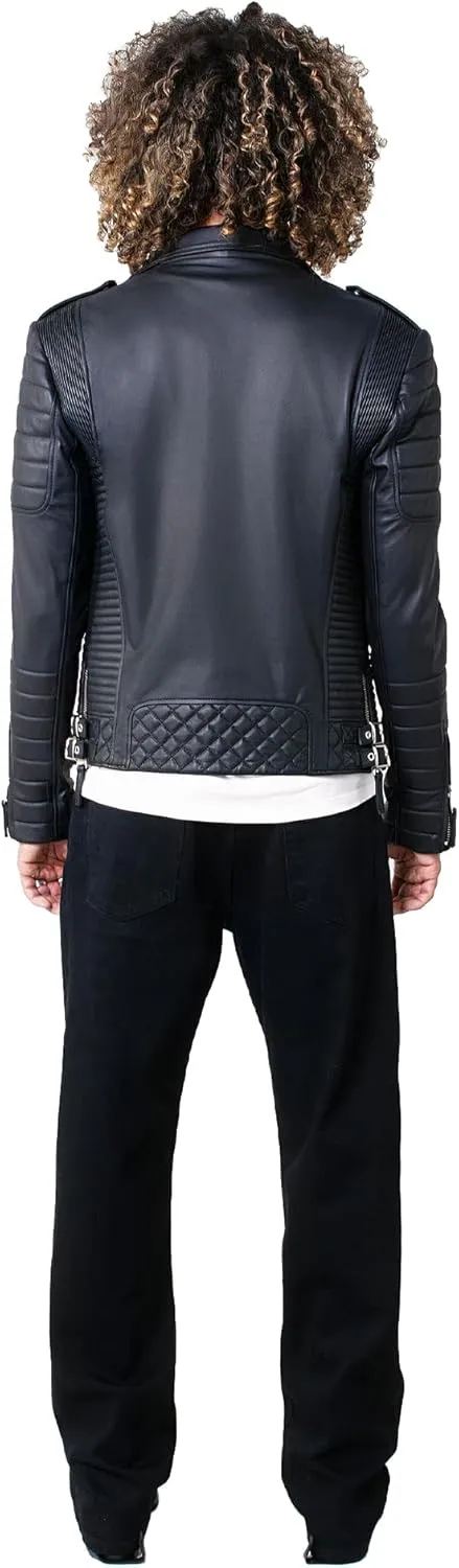 Classic Motorcycle Jacket for Men Stand Collar Lightweight Smooth Real Bomber Leather, Quilted Cafe Racer Outwear