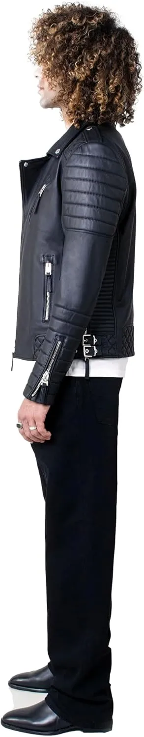 Classic Motorcycle Jacket for Men Stand Collar Lightweight Smooth Real Bomber Leather, Quilted Cafe Racer Outwear