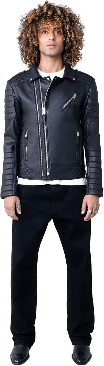 Classic Motorcycle Jacket for Men Stand Collar Lightweight Smooth Real Bomber Leather, Quilted Cafe Racer Outwear