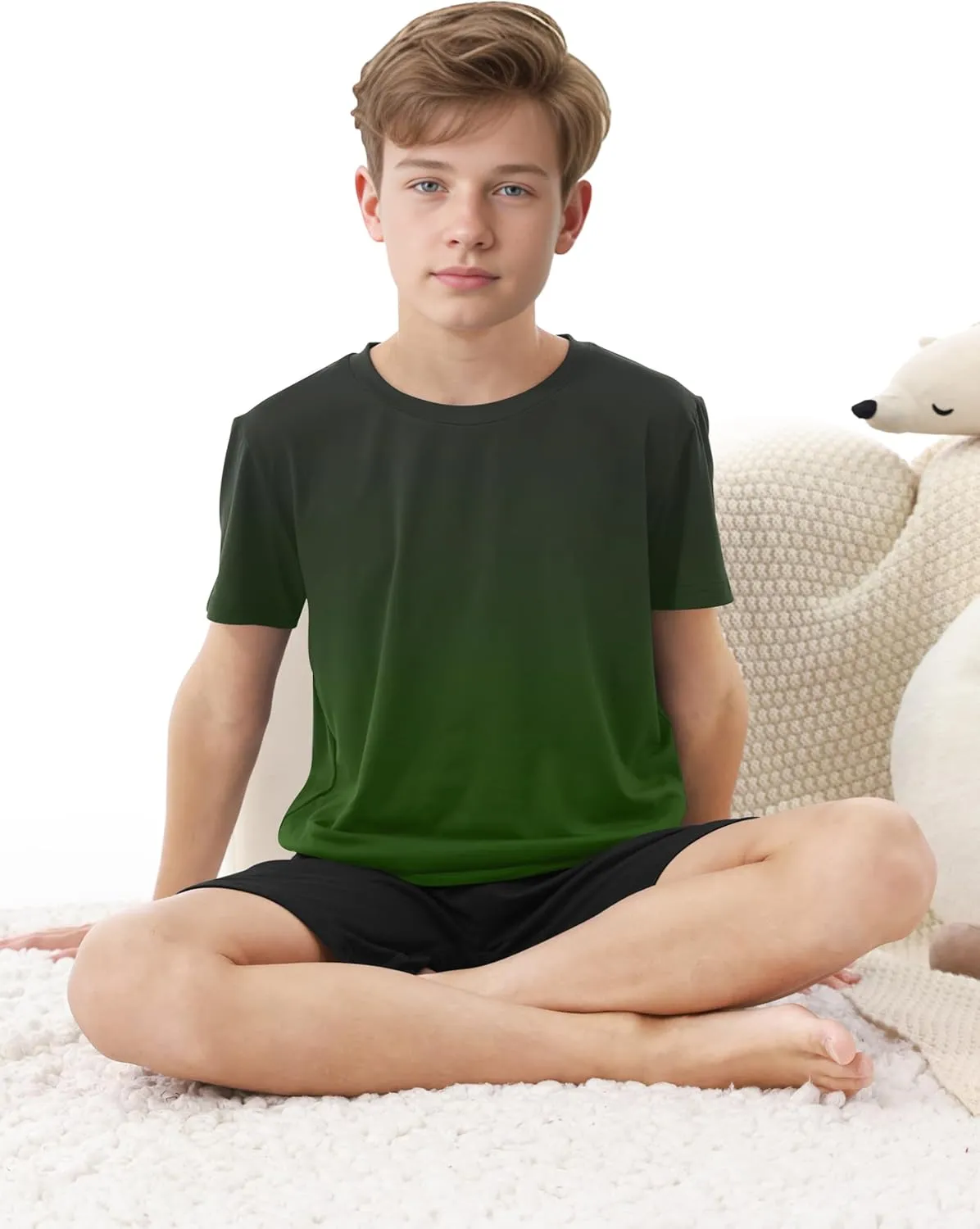 Cooraby 2 Piece Teen Boys Short-Sleeve T-Shirt & Shorts Soft Loose Fit Outfits with Elastic Waist Pockets Pajamas for Kids