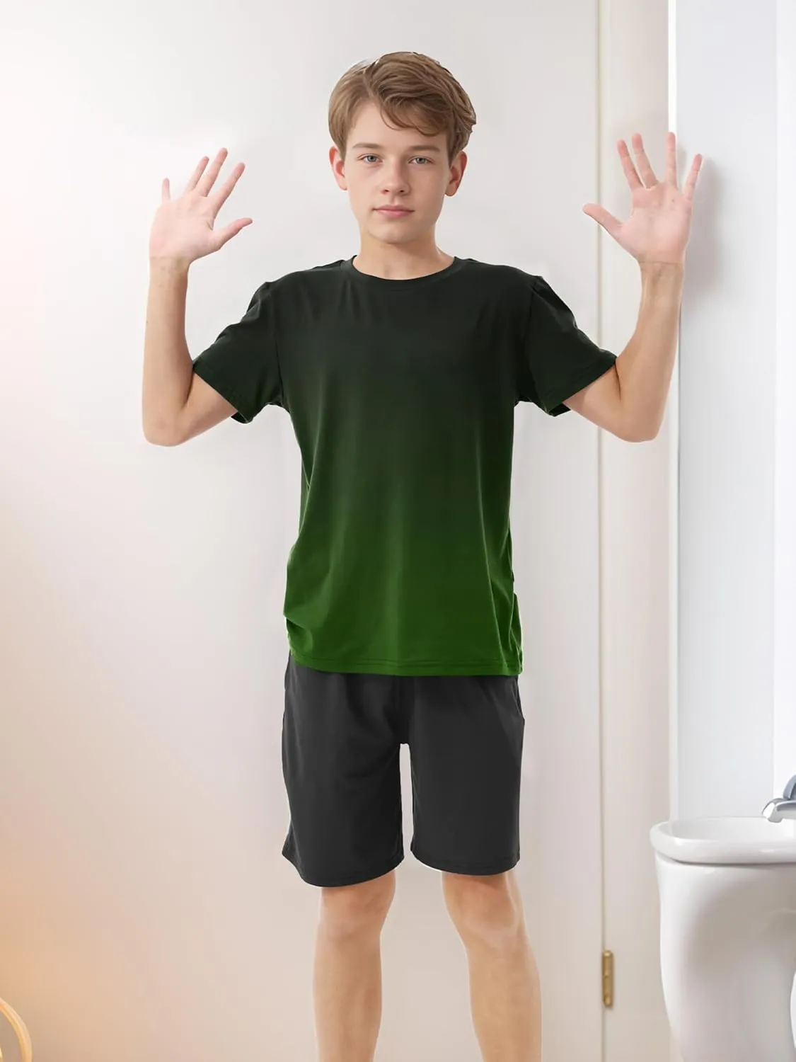 Cooraby 2 Piece Teen Boys Short-Sleeve T-Shirt & Shorts Soft Loose Fit Outfits with Elastic Waist Pockets Pajamas for Kids