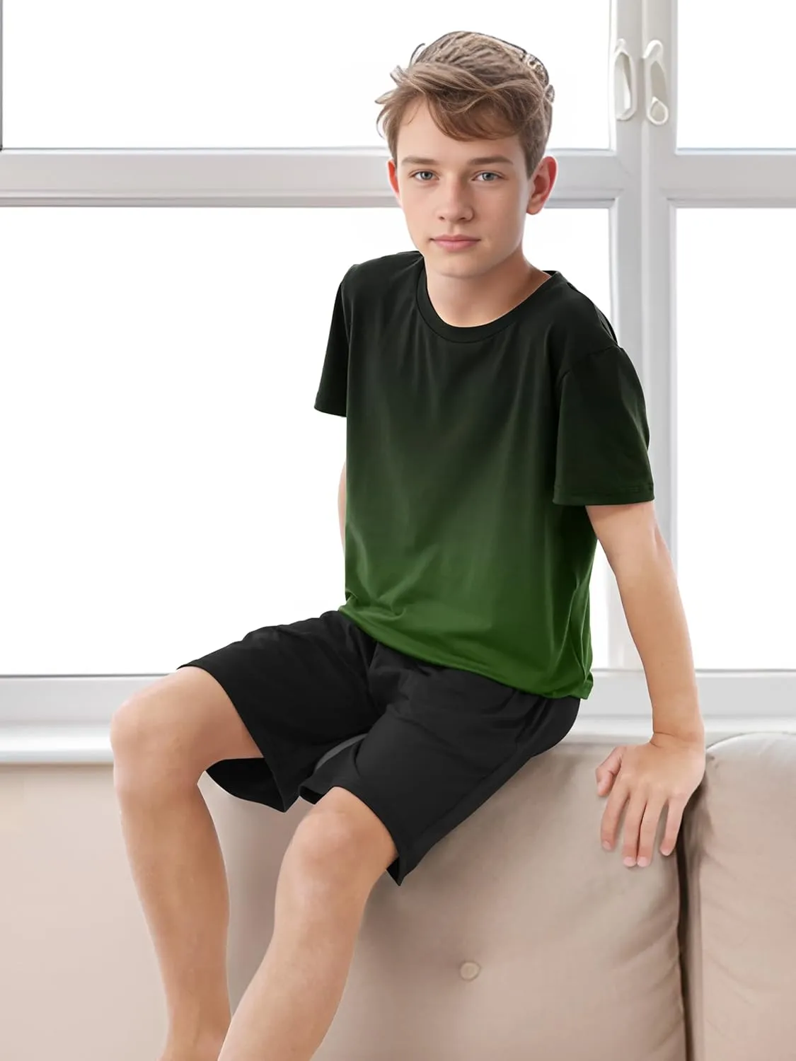 Cooraby 2 Piece Teen Boys Short-Sleeve T-Shirt & Shorts Soft Loose Fit Outfits with Elastic Waist Pockets Pajamas for Kids