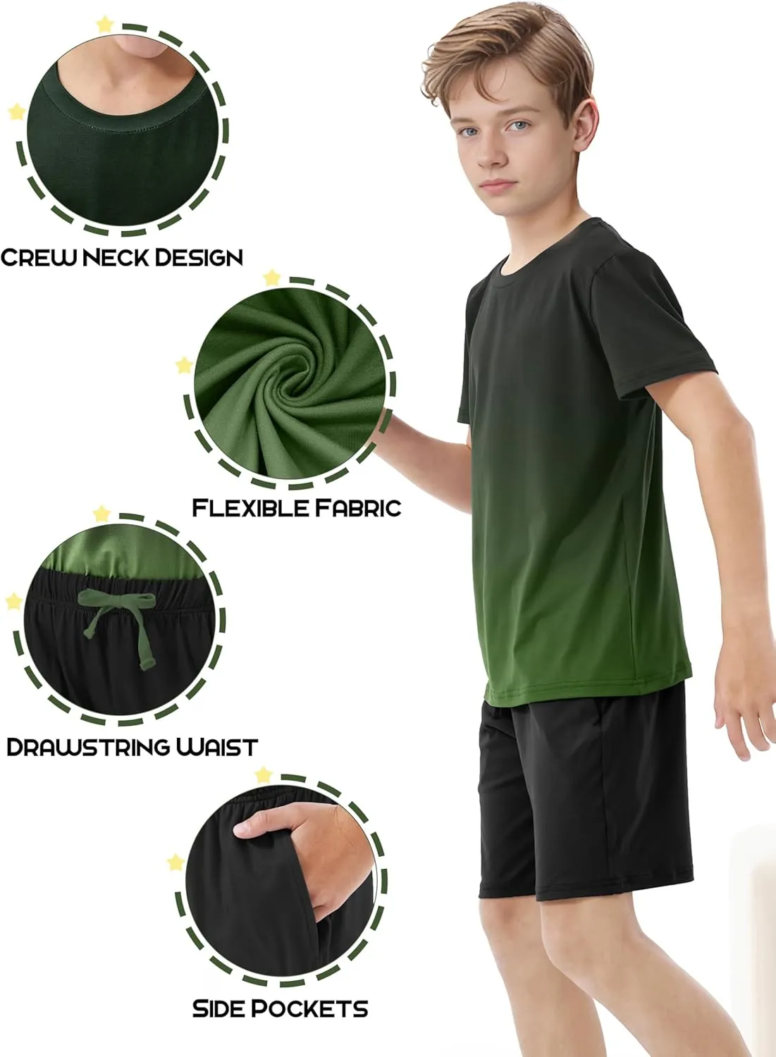 Cooraby 2 Piece Teen Boys Short-Sleeve T-Shirt & Shorts Soft Loose Fit Outfits with Elastic Waist Pockets Pajamas for Kids