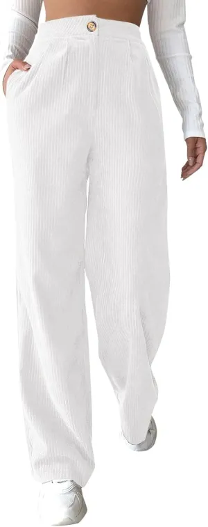 Corduroy Pants for Women High Waisted Vintage Straight Leg Cord Pants Trendy Casual Loose Comfy Work Trousers Pockets